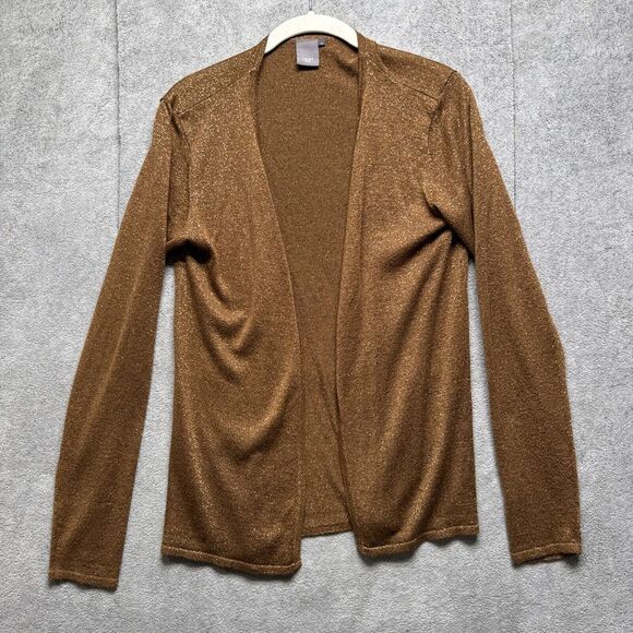 Ichi Cardigan Womens XL Gold Otilia Open Front Sparkle Party Jacket Copper Brown